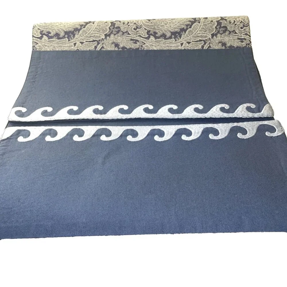 Navy Blue Whale Sea Ocean Waves‎ Chinese Style Table Runner Linen VTG 71”x 14”